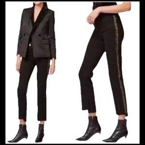 Frame Le High Straight Black Denim Jeans Gold + Black Velvet Trim Size 24 NWT